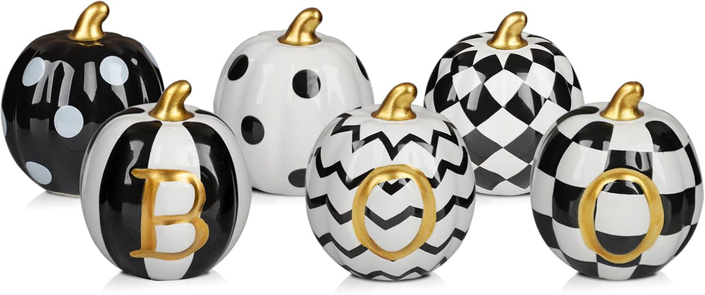 six ceramic pumpkins in black and white with gold stems Set Of 6