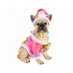 French bulldog Christmas resin statue on a plain background, three quarter view, showing the dark mask on its muzzle