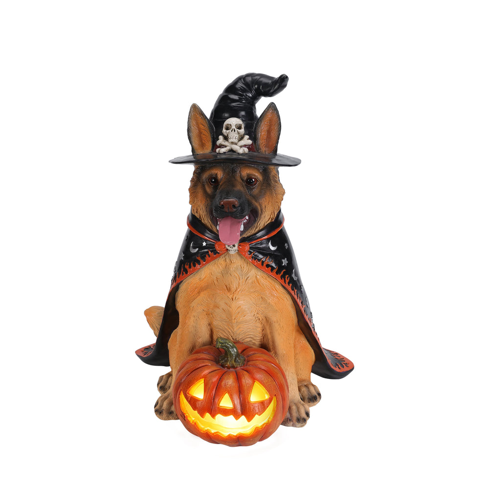 German shepherd Halloween statue on a plain background, three quarter view, showing the patterned cape down its side