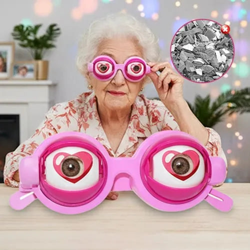 Yellow googly eyes glasses worn outdoors for a TikTok video