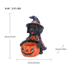 Size diagram of the black labrador witch puppy candy bowl with its height, width and depth measured in inches and its weight in pounds