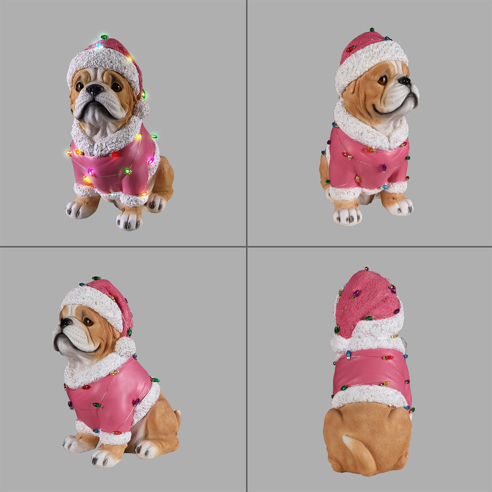 Four views of the Pug Christmas statue on a gray background, showing the front, side and back of the pink Santa coat