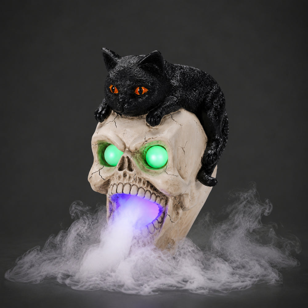 Black cat skull light up decor on a dark background, three quarter view, showing the cat resting on the crown of the skull