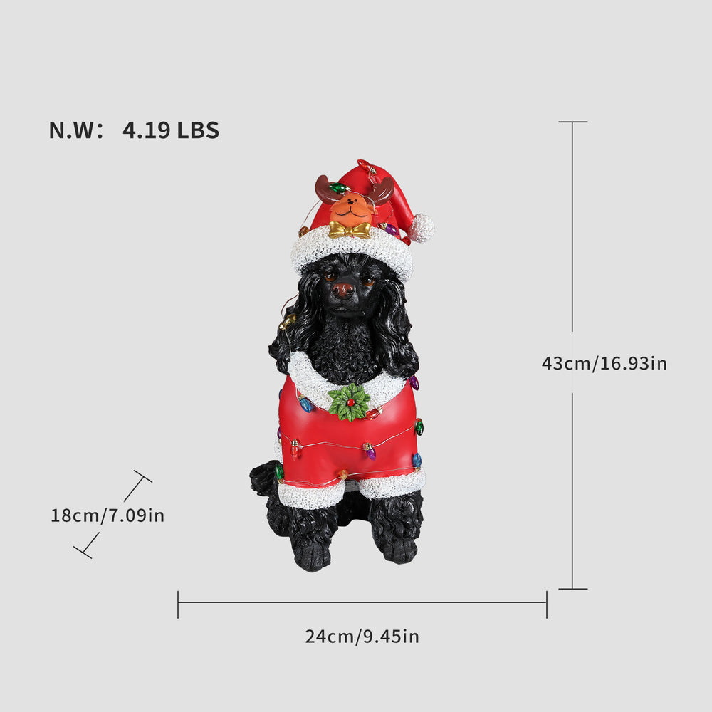 Size diagram of the Black poodle Christmas statue with height, width and depth measured in inches and its weight in pounds