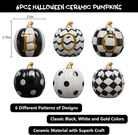 six ceramic pumpkins in black and white with gold stems - product photo 2 of 6