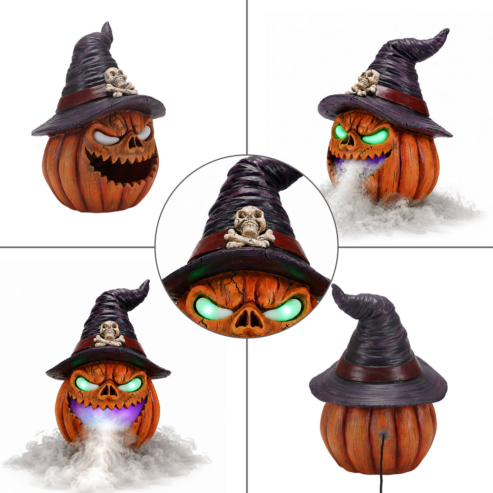 Witch hat pumpkin resin decor on a plain background, side view, with the hat brim tilted forward