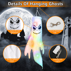 four ghost windsocks with witch hats and LED light strings - product photo 2 of 9