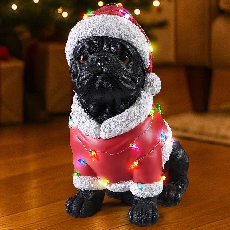Close view of the Pug in the red Santa coat with the multicolor bulbs glowing across the chest
