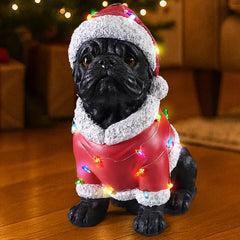 Close view of the Pug in the red Santa coat with the multicolor bulbs glowing across the chest