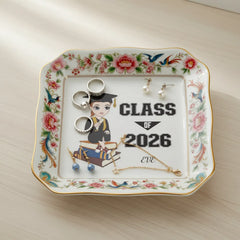 Custom Photo Ceramic Trinket Tray with Elegant Floral and Phoenix Bird Border-Happy Graduation!