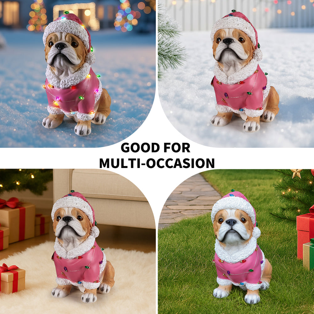 Four photo collage of the Pug in the pink Santa coat styled in different holiday spots, indoors and out