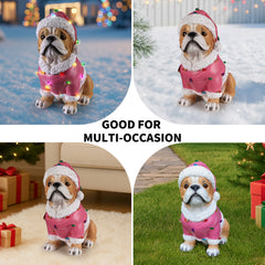 Four photo collage of the Pug in the pink Santa coat styled in different holiday spots, indoors and out