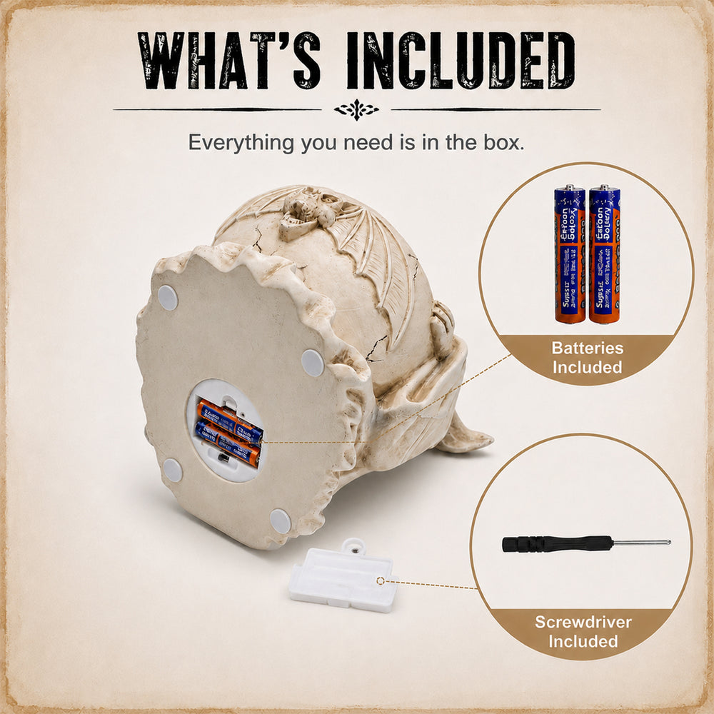 printed card showing what is in the box: the statue lying on its back with the battery compartment in the base open, plus the spare batteries and the small screwdriver