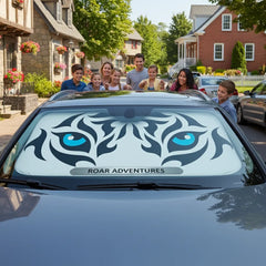 Custom Tribal Blue-Eyed Tiger Graphic Car Sunshade - Personalized Name Plate White Background