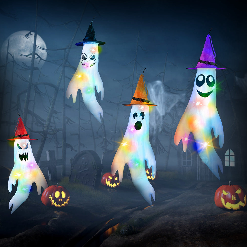four ghost windsocks with witch hats and LED light strings 4 Sets
