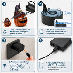 The same jack o lantern mist maker decoration from a second angle with the crooked witch hat and skull badge on the band