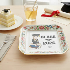 Custom Photo Ceramic Trinket Tray with Elegant Floral and Phoenix Bird Border-Happy Graduation!