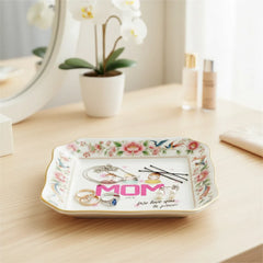 Custom Photo Ceramic Trinket Tray with Elegant Floral and Phoenix Bird Border - Mom we love you to pieces