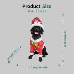 Size diagram of the Black labrador retriever Christmas statue with height, width and depth measured in inches and its weight in pounds