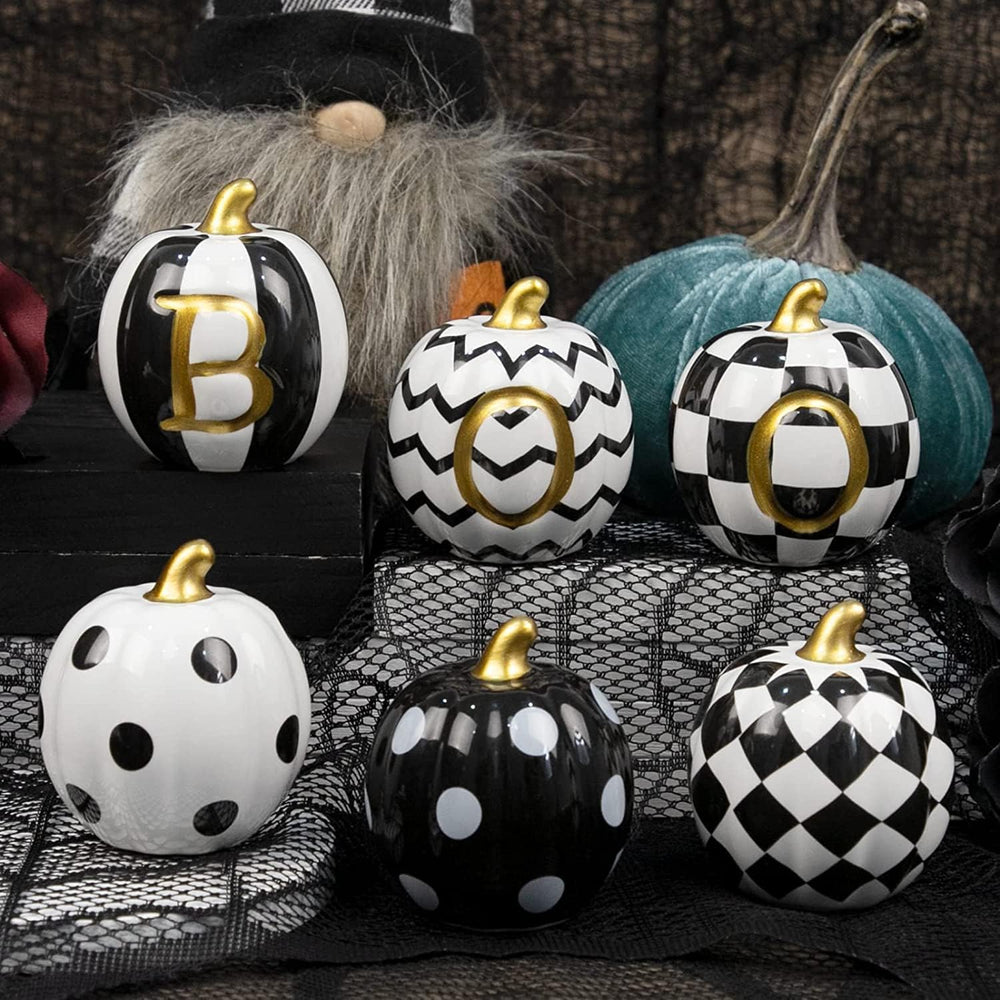 six ceramic pumpkins in black and white with gold stems - product photo 4 of 6