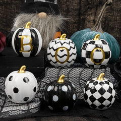 six ceramic pumpkins in black and white with gold stems - product photo 4 of 6