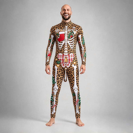 Christmas skeleton bodysuit in leopard animal print with stocking and candy cane bone details, front view