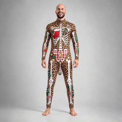 Christmas skeleton bodysuit in leopard animal print with stocking and candy cane bone details, front view