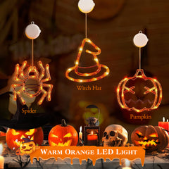 3 pack lighted window hangings in spider, witch hat and pumpkin - product photo 2 of 10