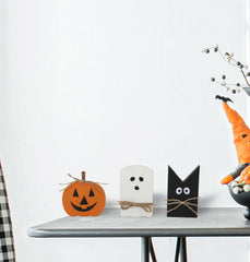 set of 3 flat MDF table decor pieces with pumpkin, ghost and bat cutouts - product photo 4 of 7