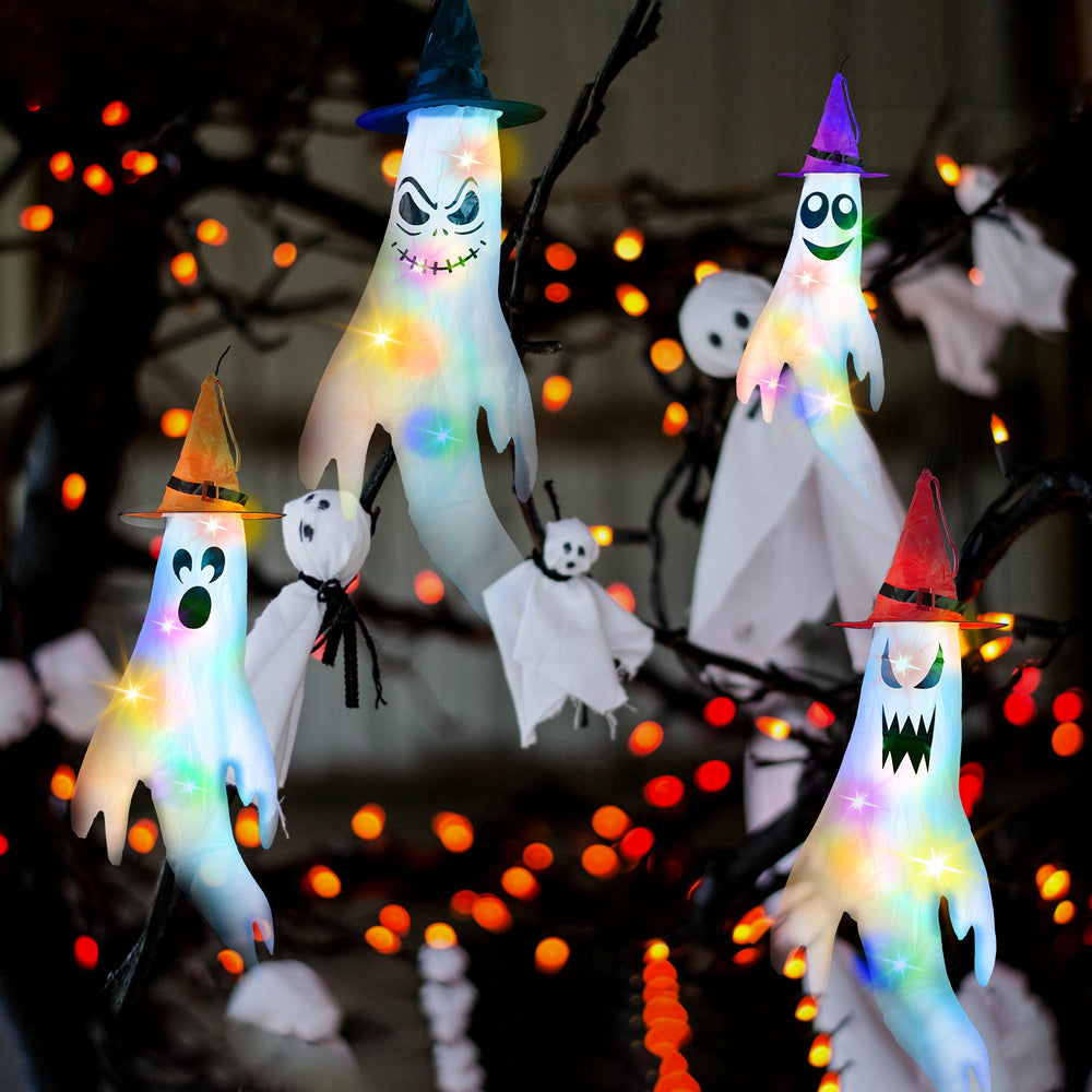 four ghost windsocks with witch hats and LED light strings - product photo 9 of 9