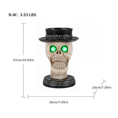 Size diagram of the skull candle holder with its height, width and depth measured in inches and its weight in pounds
