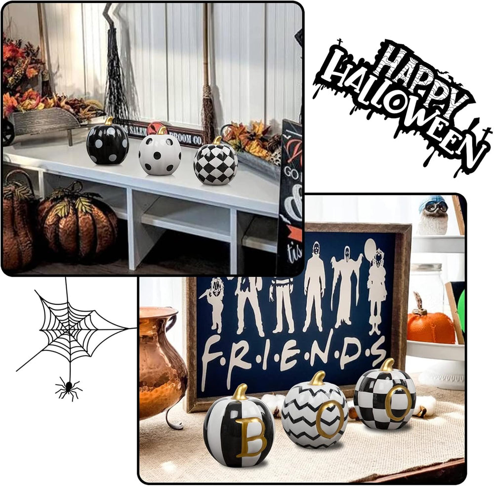 six ceramic pumpkins in black and white with gold stems - product photo 5 of 6