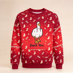 Duck You Christmas crewneck sweatshirt in candy red - all-over fair isle festive print, front view
