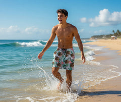 White Swim Shorts with Green Monstera & Pink Hibiscus Print