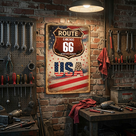 Custom Blank Route USA Leopard Print Vintage Distressed Metal Tin Sign, Personalized Text American Flag Retro Shield Wall Decor for Garage Bar Man Cave Home Decoration