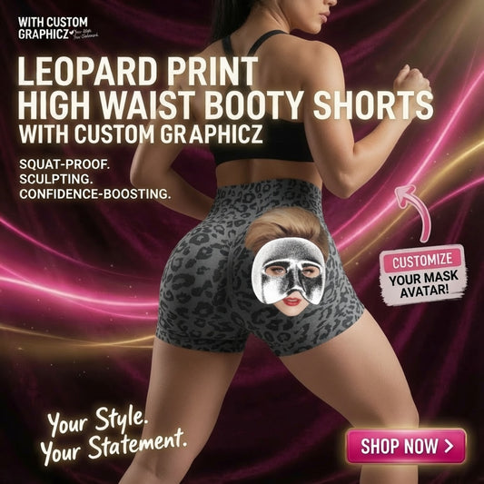 Custom Pet Face Black Leopard Biker Shorts with Scary Mask Design