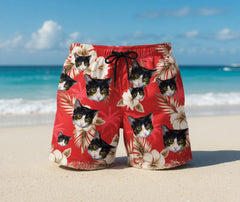 Red Hawaiian Swim Trunks with Cream Hibiscus Print