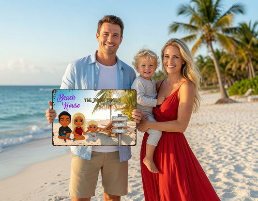 Tropical Sunny Beach Custom Family Name Iron Plaque Custom Cartoon Family Tin Decor