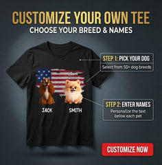 Personalized Multi-Dog American Flag Shirt – Custom Pet Name Cartoon T-Shirt