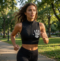Custom Hand Print Front Zip Sleeveless Crop Top, Women Stand Collar Handprint Graphic Workout Tank Top, Customizable Logo Gym Vest