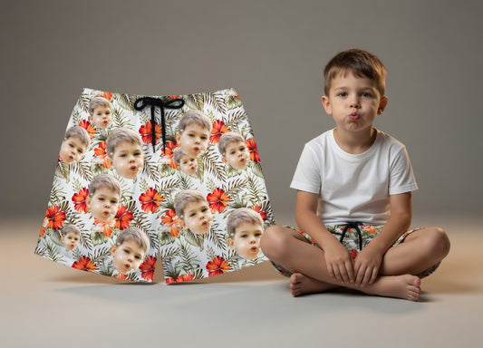 Custom Photo Hawaiian Shorts – Personalized Vibrant Sunflower & Green Foliage Beach Trunks – Unique DIY Summer Luau Apparel