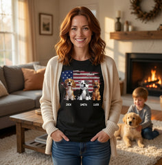 Personalized Multi-Dog American Flag Shirt – Custom Pet Name Cartoon T-Shirt