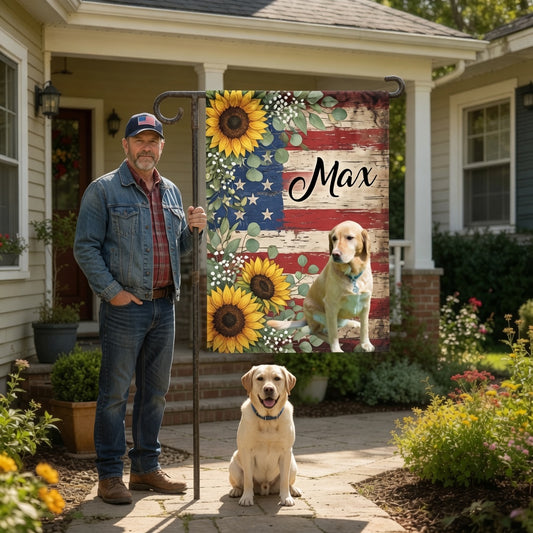 Custom Sunflower Vintage American Garden Flag, Distressed Rustic Patriotic Yard Flag Customizable Farmhouse Outdoor Decor