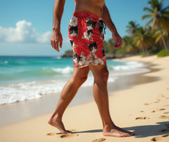 Red Hawaiian Swim Trunks with Cream Hibiscus Print