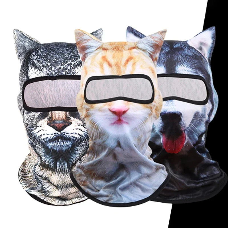 Three 3D animal face winter balaclavas side by side - snow leopard, orange tabby and husky prints