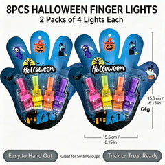 Two hand-shaped cards of four LED finger lights each, labeled 8PCS Halloween Finger Lights and 64 g, for a small group of trick or treaters