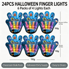 Six cards of four finger lights each, labeled 24PCS Halloween Finger Lights and 192 g, sold as a classroom bulk pack