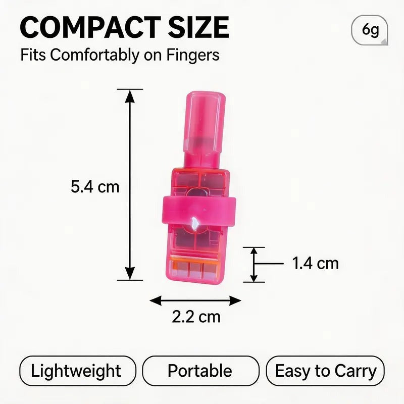 A single pink finger light with its size marked: 5.4 cm long, 2.2 cm wide and 1.4 cm deep, weighing 6 g