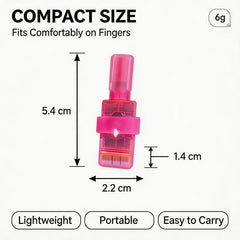 A single pink finger light with its size marked: 5.4 cm long, 2.2 cm wide and 1.4 cm deep, weighing 6 g