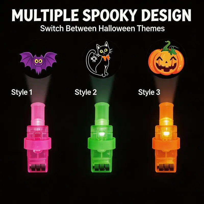 Three projector styles shown lit: Style 1 a bat, Style 2 a black cat and Style 3 a jack-o-lantern